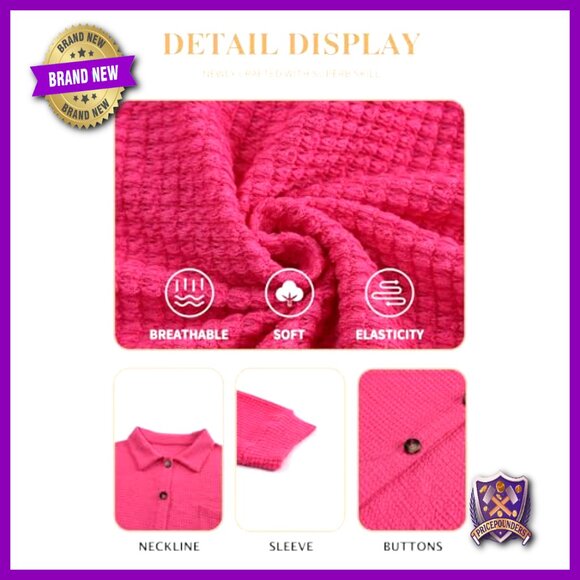 Plus Size Waffle Knit Shacket Long Sleeve Button Down Boyfriend Shirt - Picture 5 of 7